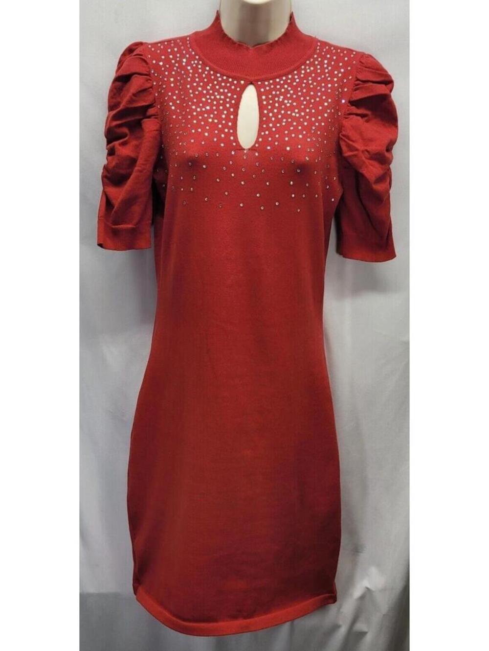 Love Ever After Womens Red Ruched Sleeve Rhinestone Keyhole Midi Dress Size S